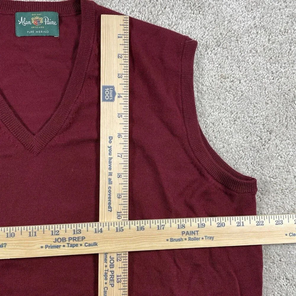Vintage Alan Paine Men’s V-Neck Sweater Vest Maroon Merino Wool UK44 EUR 52 US L
